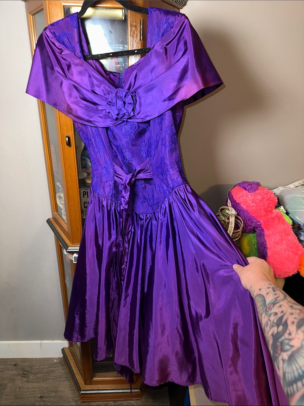 Steppin' Out Vintage 80’s Purple Satin and Lace Fit-and-Flare Dress